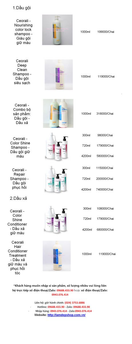 Bảng giá bán sỉ Đai lý và Salon Mỹ Phẩm Chăm Sóc Tóc Ceorali