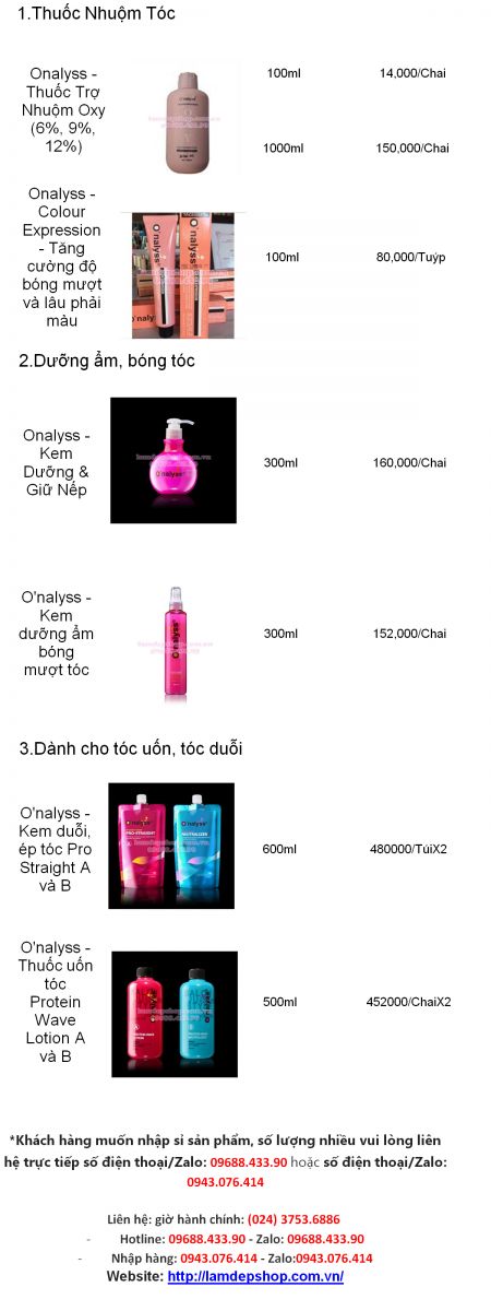 Bảng giá bán sỉ Đai lý và Salon Mỹ Phẩm Chăm Sóc Tóc O'nalyss