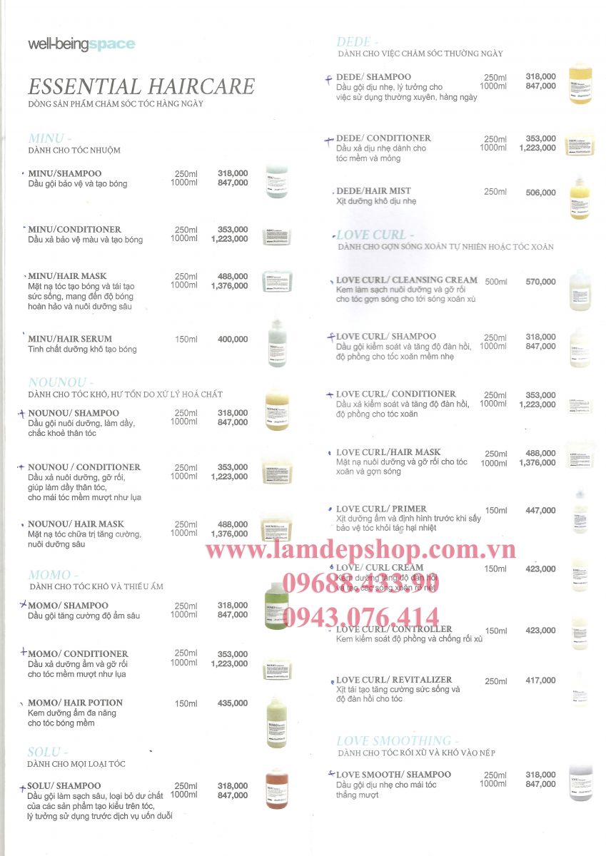 Bảng giá bán lẻ Mỹ Phẩm Chăm Sóc Tóc Davines