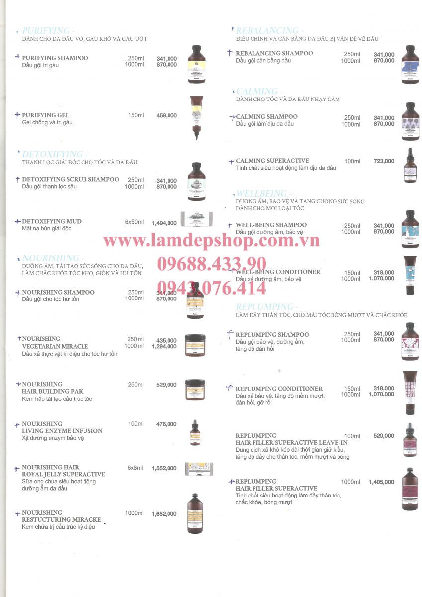 Bảng giá bán lẻ Mỹ Phẩm Chăm Sóc Tóc Davines