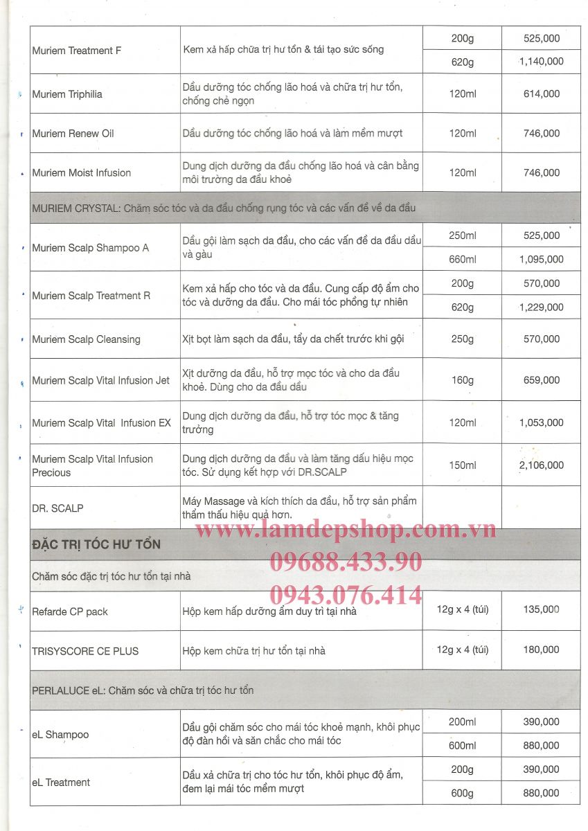 Bảng giá bán lẻ Mỹ Phẩm Chăm Sóc Tóc Number Three 003