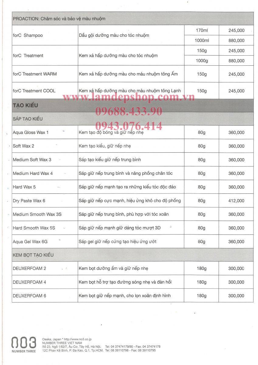 Bảng giá bán lẻ Mỹ Phẩm Chăm Sóc Tóc Number Three 003